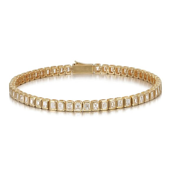 Bezel Set Emerald Cut Diamond Tennis Bracelet 18K Yellow Gold 4.84Cttw 7 Inches - Picture 1 of 6